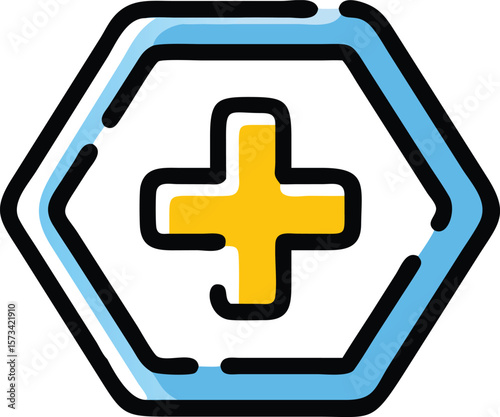 A Bold Black Outline Encircles a Light Blue Double Lined Octagon Containing a Central Yellow Medical Cross Symbol