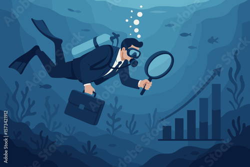 Deep dive analysis, business problem discovery, market research strategy, businessman scuba diving with magnifying glass, exploring market growth and optimization underwater.