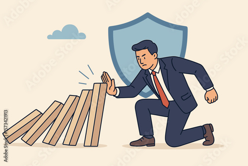 Businessman stopping the domino effect, a metaphor for crisis management and risk prevention. Financial protection, investment strategy, and business insurance solution concept.