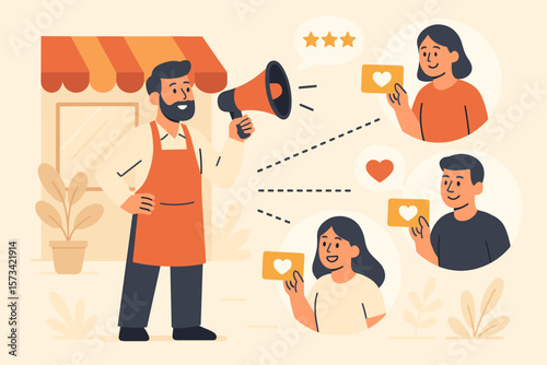 Customer loyalty program and retention marketing strategy. Store owner with megaphone announcing promotion to happy return customers. CRM to increase sales and satisfaction concept.