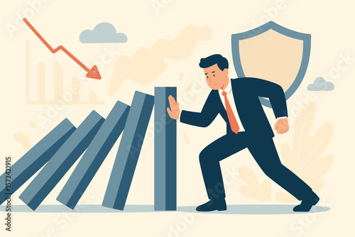 Businessman stopping domino effect. Control risk in investment crisis and failure prevention. Protection, solution for problem solving, insurance concept and stopping uncertainty.