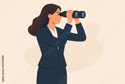 Businesswoman with binoculars looking for new business opportunities. Corporate vision, future strategy concept. Professional woman searching for success, growth, and leadership.