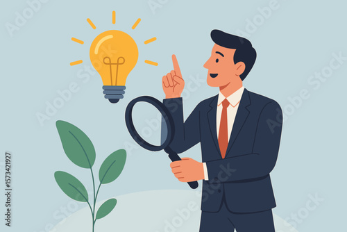 Businessman with magnifying glass finds new innovation. Concept of research, analysis, and discovery for business growth. Man has an idea. Intelligence solution and opportunity.