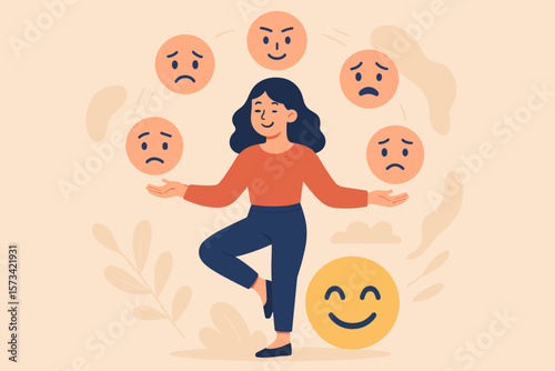 Emotional intelligence and psychology concept. Woman juggling emotions, controlling feelings. Balance between anxiety and happiness for success and mental wellness. Mood regulation.