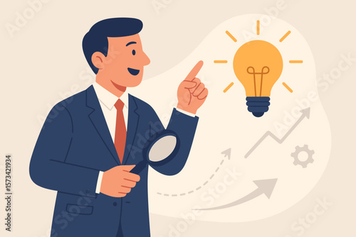 Businessman discovers insight, finds intelligence solution. Best result, outcome for business. Solving problem, finding new innovation, opportunity, invention, research concept.