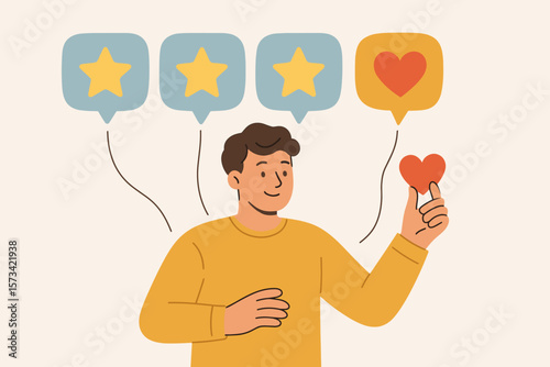 Customer feedback concept with a man giving a positive review. User experience and service satisfaction with a high rating. Person holds a heart for a five-star evaluation.