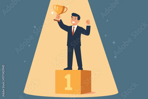 Businessman winner standing on the first place podium holding a gold trophy cup. Business success, achievement, and leadership concept. Champion celebrating victory. Spotlight.