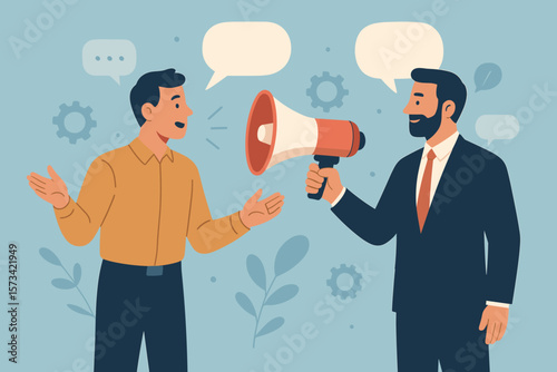 Encourage employee voice and open communication concept. Manager listening to staff ideas and feedback. Support, contribution, and advocacy in the workplace. Businessman with megaphone.