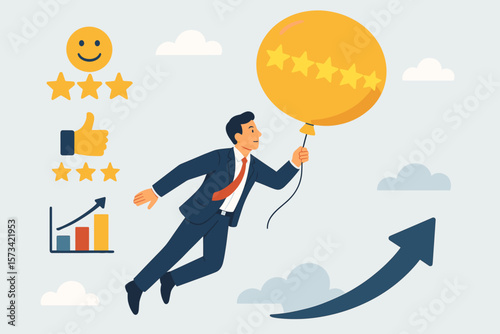Customer satisfaction excellence concept. Businessman flying with a 5-star rating balloon. Positive review and feedback for best service. Performance evaluation, reputation grow.