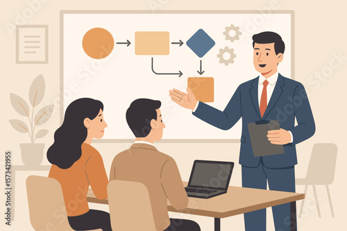 Businessman manager presenting project strategy with a flowchart on a whiteboard. Corporate team meeting for workflow process planning and business development. Vector illustration.
