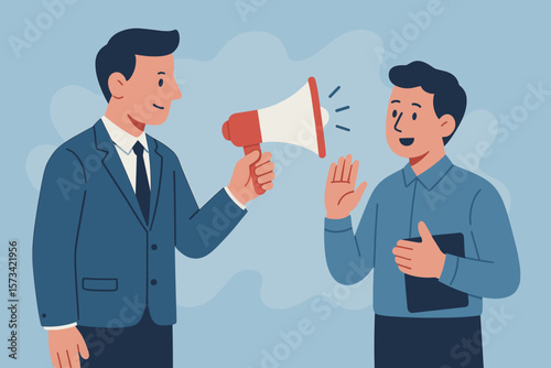 Encourage employee voice concept. Manager listens to ideas and opinions. Staff advocacy, support, and contribution. Business communication and feedback metaphor with megaphone.