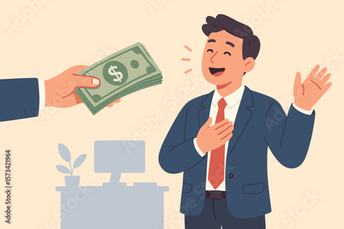 Getting paid salary or wage payment. Happy employee receiving bonus or cash reward. Financial success concept. Businessman getting income benefits. Hand giving money vector.