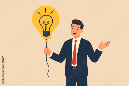 Business idea concept. Creative solution for success. Smart businessman holding a lightbulb balloon. Helpful tips, advice, and inspiration for improvement and strategy.