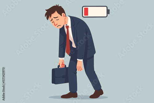 Exhausted businessman low on energy. Metaphor for professional burnout, stress, and fatigue. Unmotivated office worker concept. Chronic fatigue syndrome. Mental health problems.
