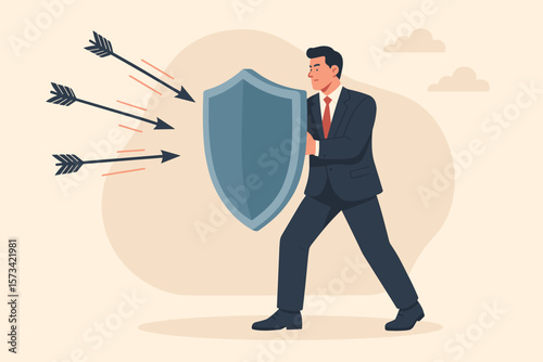 Businessman with shield protecting from arrows. Business protection, risk management, security, defense concept. Corporate safety, financial insurance, crisis management vector.