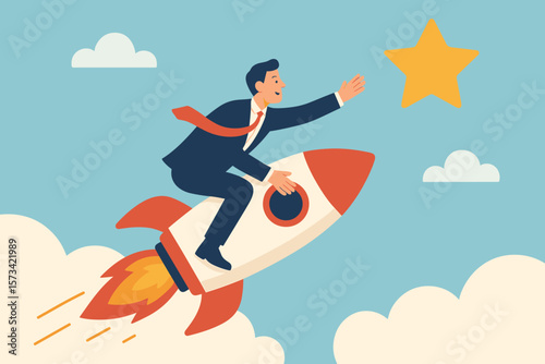 Businessman riding rocket to reach star. Business success and ambition concept. Career growth, startup launch, leadership, motivation, achievement, winning, entrepreneur.