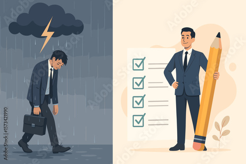 Businessman overcoming failure and depression. Before and after concept from sad, rainy day to successful checklist completion. Metaphor for problem solving, motivation and success.