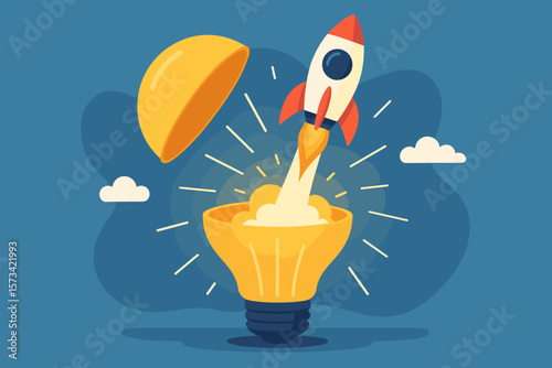Innovation to launch new idea, entrepreneurship or startup, creativity to begin business, breakthrough idea concept, innovative rocket launch flying high from a lightbulb.