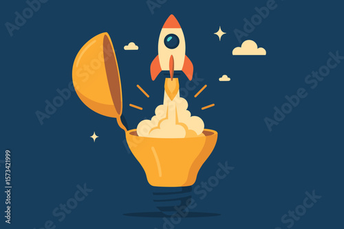 Innovation to launch a new idea, entrepreneurship, or startup. Creativity to begin a business. Breakthrough concept. Innovative rocket launching from a lightbulb idea.