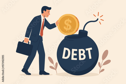 Businessman putting a dollar coin into a debt bomb. Financial obligation and money decision concept. Liability relief, paying off deficit or borrowing. Investment metaphor.