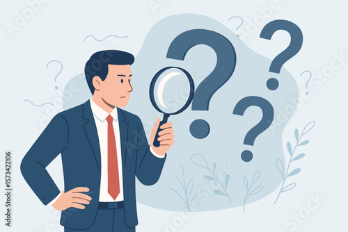 Problem analysis management. Businessman with magnifying glass investigates question mark. Root cause analysis, finding solution, discovering threat, uncertainty, incident QA.