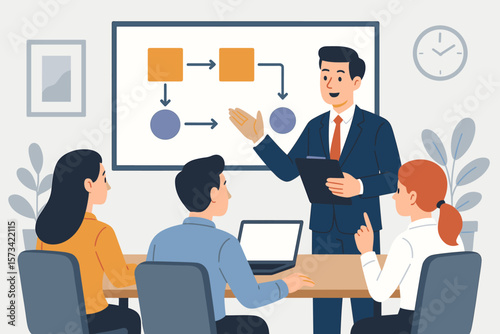 Businessman leader presents a project workflow procedure. Business planning process and strategy. Company policy presentation with a step-by-step flowchart for the team.