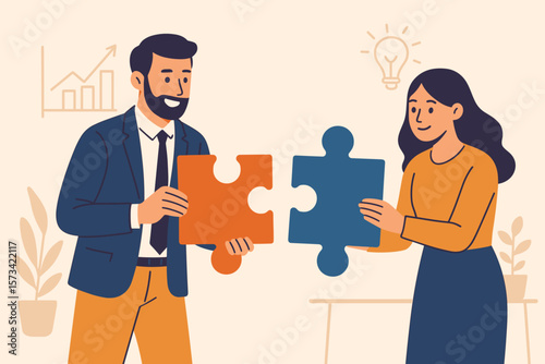 Business teamwork partnership, colleagues connecting puzzle pieces, collaboration, cooperation, problem solving, success, office concept, businessman businesswoman, workplace synergy