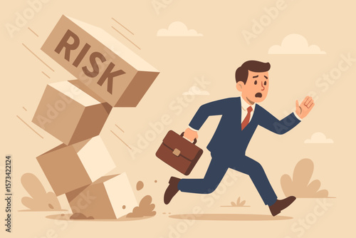 Businessman running away from falling risk blocks, risk aversion, avoiding uncertainty, minimizing danger, safety decision, investment security, financial stability concept