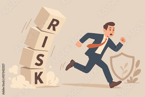 Risk aversion business concept. Scared businessman investor running away from falling risk blocks. Avoid uncertainty, minimize danger, seek safety, prefer security, stability decision