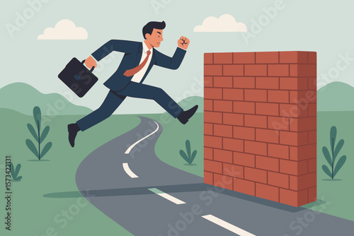 Overcome obstacle, solving business problem. Win over business barrier or difficulty. Challenge or solution for career path. Effort or decision concept. Businessman success.