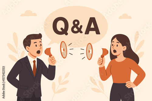 Q&A question and answer session. FAQ or frequently asked questions. Problem solving concept. Businessman and woman with megaphones shouting. Communication, teamwork, dialogue.