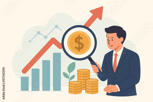 Businessman Analyzing Financial Growth, Salary Increase, Investment Profit, Earnings, Money Rise, Stock Market Gains, Revenue Growth, Magnifying Glass on Dollar Coin, Bar Chart, Arrow Up