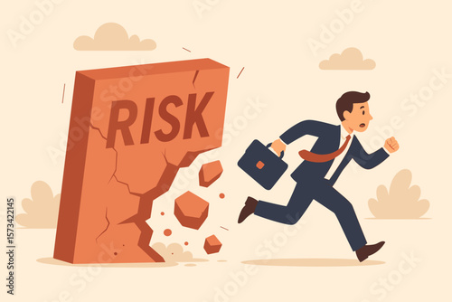 Risk aversion concept. Businessman running away from breaking risk wall. Avoid danger, minimize uncertainty, fear of loss, safety, security, stability, investment decision