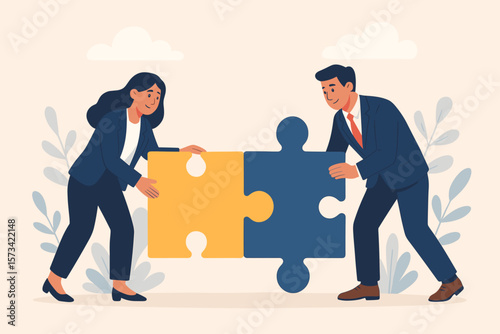 Business teamwork collaboration concept. Male and female colleagues connecting puzzle pieces. Partnership, cooperation, coworking, problem solving, achieving success, office team effort.
