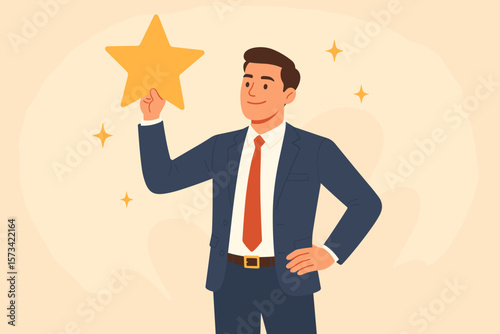 Successful businessman holding gold star. Leadership, achievement, high performance, employee recognition, award winner, quality excellence, business confidence, staff evaluation concept