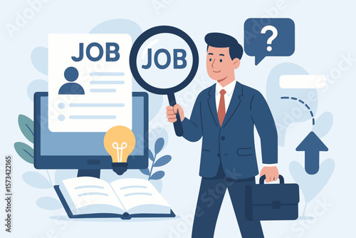 Businessman Job Search Career Opportunity Concept, Recruitment, Employment Vacancy, Career Development, Job Hunting, Resume Review, Professional Guidance, Solution Finding