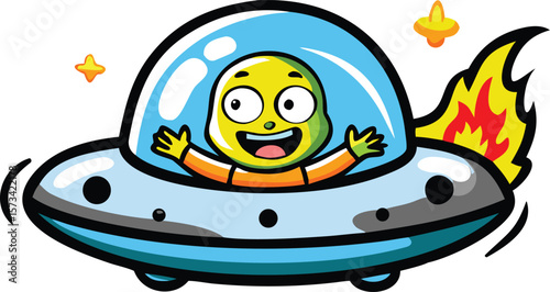 A cheerful green and yellow alien character joyfully riding in a light blue flying saucer with vibrant orange and red flames against a white