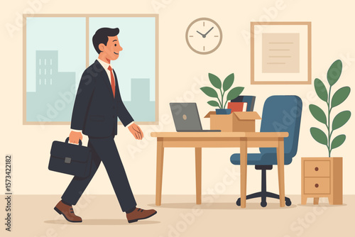 Businessman Starting New Job Onboarding in Modern Office, Employee Moving to New Career Opportunity, Recruitment, Employment, Corporate Workplace, Professional Success Concept