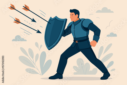 Businessman in armor holding shield defends against arrows, symbolizing protection, security, risk management, insurance, safety, defense from threats, business resilience concept