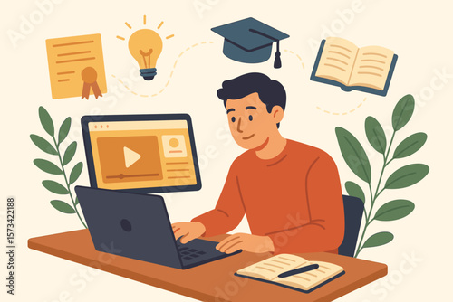 Online education concept, young adult studying at laptop, e-learning, virtual class, internet course, knowledge training, skill development, certificate, graduation, digital learning