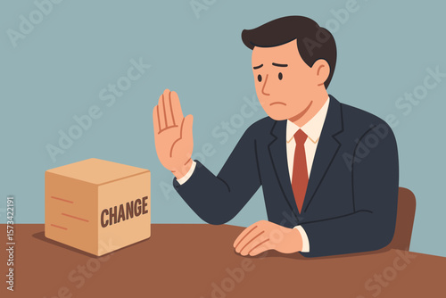 Status quo bias and fear of change. Man refuses new opportunities, stays in comfort zone. Conservative thinking, afraid of risk. Resisting to make a new decision concept.