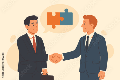 Businessmen Handshake Agreement, Successful Communication, Partnership Deal, Interview Discussion, Solution Collaboration, Perfect Match Connection, Puzzle Piece Metaphor
