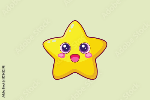 A Cheerful Yellow Kawaii Star Character Featuring Large Purple Eyes Pink Cheeks and a Wide Open Mouth Against a Pale Green Background