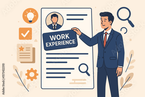 Professional work experience resume concept. Businessman holding CV. Job application, skills, qualifications, expertise, career opportunity, capability, competence, certification illustration