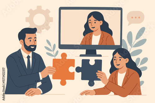 Teamwork collaboration solving business problems, hybrid remote work, conference call, partnership, connecting colleagues, businessman and businesswoman, puzzle pieces, success concept