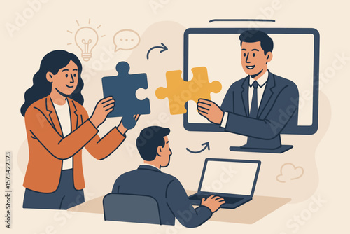 Teamwork collaboration solving business problems, hybrid remote work, virtual meeting partnership, colleagues connecting online, puzzle pieces, business communication concept