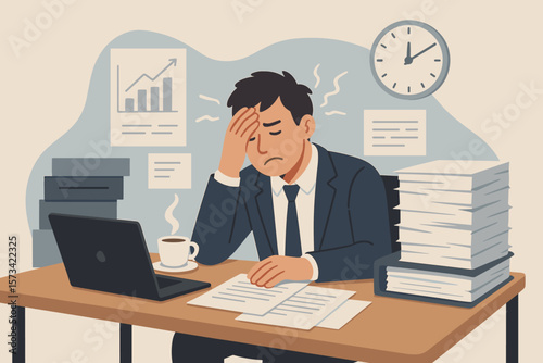 Overworked businessman stress fatigue concept. Office anxiety, deadline pressure, mental exhaustion, headache, burnout, paperwork overload, frustrated employee, workplace deadline rush