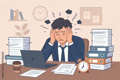 Overworked stressed businessman at office desk overwhelmed by paperwork, project deadline pressure, anxiety, fatigue, exhaustion, burnout, time management, workplace frustration