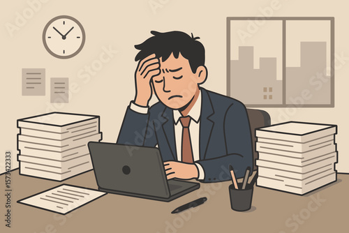 Concept of work stress, burnout and fatigue. Frustrated, tired and overworked businessman at his desk with a laptop. Anxiety from project deadline pressure. Mental health.
