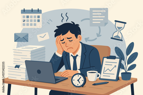 Stressed businessman overwhelmed by paperwork, deadlines, office workload, fatigue, anxiety, exhaustion, headache, time pressure, burnout, project management, workplace frustration